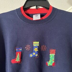 Vtg Christmas Pullover With Embroidered Stockings & Beads-Navy Blue & Red  Sz XL